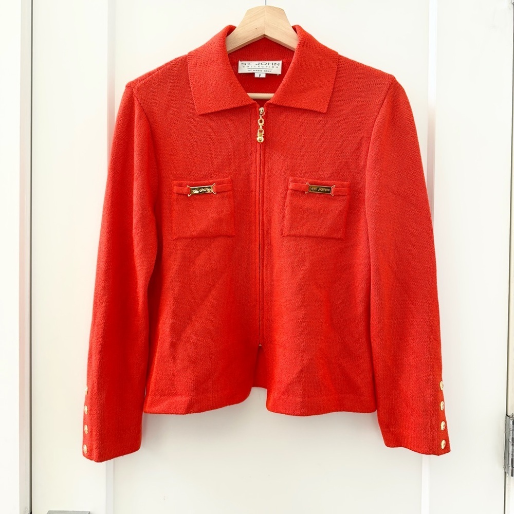 St. John Collection "Orange Poppy" Knitted Full Zip Jacket Gold detail Sz P